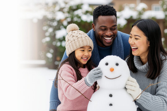 Happy multi ethnic family building snowman together in snowy winter outdoor. Winter holiday activities and family bonding lifestyle banner with copy space - Powered by Adobe