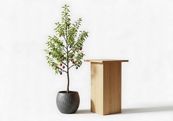 Modern minimalist interior design element featuring a tall potted plant next to a simple wooden pedestal table