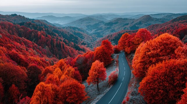 Driving on scenic road through autumn forest with colorful foliage, aerial view of beautiful nature landscape in mountains - Powered by Adobe