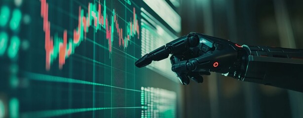 A sophisticated robotic hand seamlessly interacts with dynamic stock market data presented on a sleek digital interface