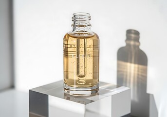 Clear glass dropper bottle filled with golden liquid serum or oil on a clear acrylic block with dramatic shadows