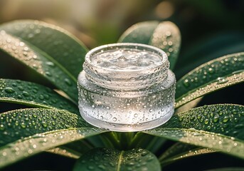 Close up of a clear glass jar filled with sparkling clear liquid and ice cubes on lush green leaves covered in water droplets