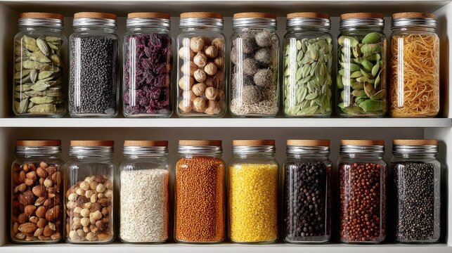 Glass jars filled with various seasonings and cereals are neatly organized on a white shelf, creating a visually appealing and organized storage system in a pantry - Powered by Adobe