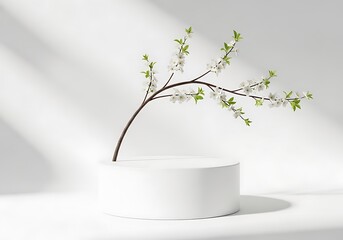 Delicate white cherry blossom branch arches over a minimalist white cylinder pedestal with soft dappled light