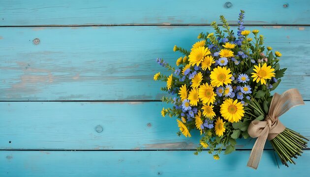 Bouquet of yellow flowers on blue surface