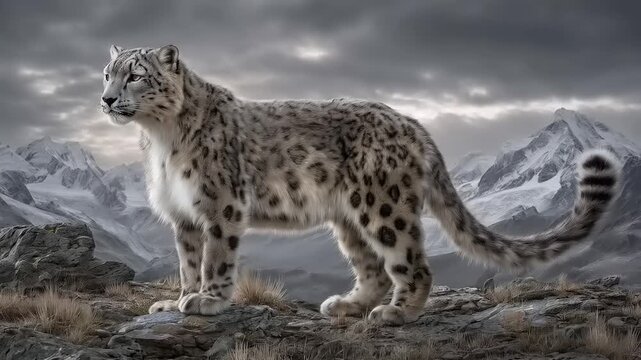 Majestic Snow Leopard Portrait amidst Dramatic Himalayan Mountain Vista
