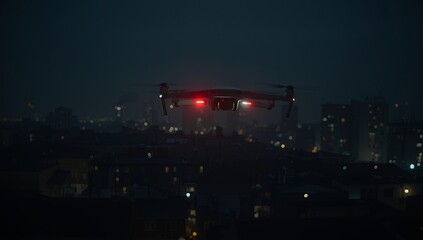 Nighttime scene featuring a Shahed drone flying low above a dark city skyline, with silhouettes of apartments, glowing windows, scattered lights, and subtle haze creating a tense, dramatic atmosphere