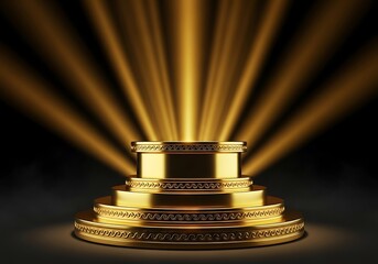 Golden pedestal with bright light beams radiating upwards in a dark dramatic setting