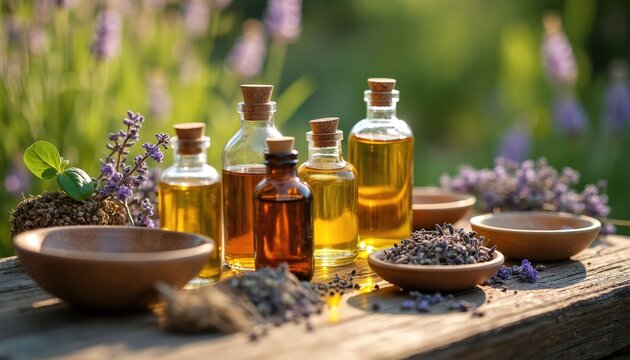 Natural essential oils in clear, brown glass bottles on rustic wood surface outdoors. Dried lavender flowers, various herbs, green plant seedling arranged in small clay bowls. Wellness display for