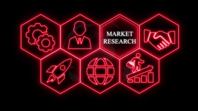Neon red hexagonal icons representing market research business concepts on a black background strategy