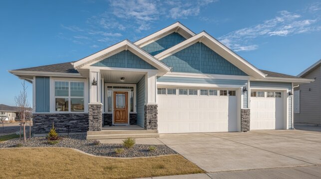 A blue house with a white door and a white garage door. The house has a large front porch and a small yard