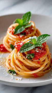 A dish of Italian spaghetti with tomato sauce, parmesan cheese and basil.