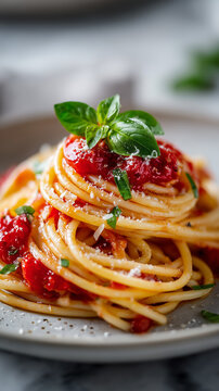 A dish of Italian spaghetti with tomato sauce, parmesan cheese and basil.