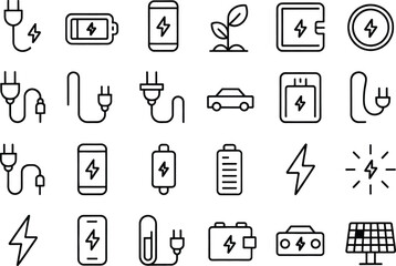 Electricity and Charging Icons Set – 20 Minimalist Line Style Energy Symbols Including Batteries, Power Cables, Eco Energy, Solar Panel, Electric Car, and Lightning Bolt