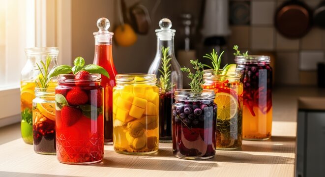 Assorted infused water jars with fresh fruits and herbs in sunlit kitchen - Powered by Adobe