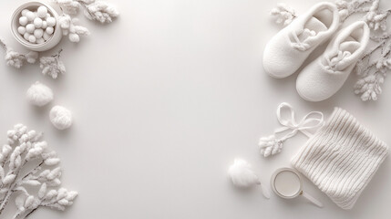 White Baby Clothes Laid Out on Soft white Background