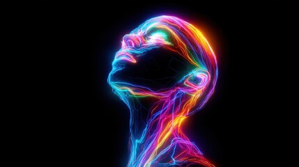 A colorful head with a glowing face. The head is surrounded by a rainbow of colors. The image is abstract and surreal, with a sense of wonder and curiosity