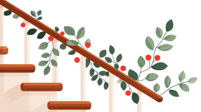 Decorative staircase with wooden handrail and greenery accents