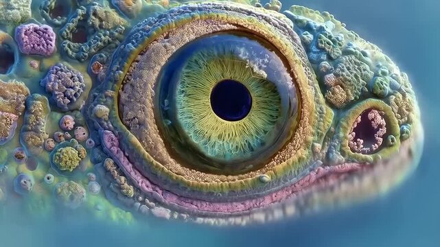 Surreal close-up of an eye with intriguing textures and a fantastical aesthetic