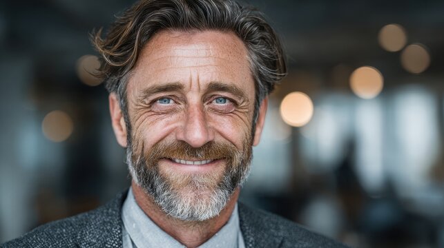 Smiling older manager portrait showing success in financial sector, bank leader standing in office hallway smiling happily - Powered by Adobe