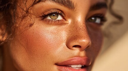 Fototapeta premium A woman with glowing skin and curly hair gazes into the distance soft sunlight accentuates her features. She smiles gently reflecting warmth and positivity in a calm outdoor location.