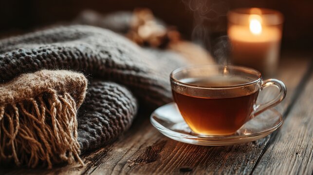 A cup of tea is sitting on a wooden table next to a blanket. The scene is cozy and inviting, with the warmth of the tea - Powered by Adobe