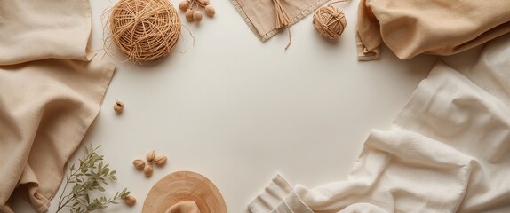 Earthy, neutral composition with linen cloths, jute twine balls, and wooden elements on plain backdrop.