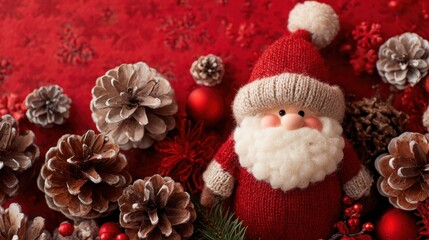 A red background with a white santa with a red hat and a red sweater. There are pine cones and red balls around the santa