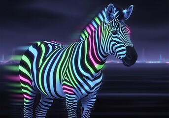 Neon Cyberpunk Zebra with Glowing Multicolor Stripes Futuristic Animal Art Night Glow Fantasy Wildlife
