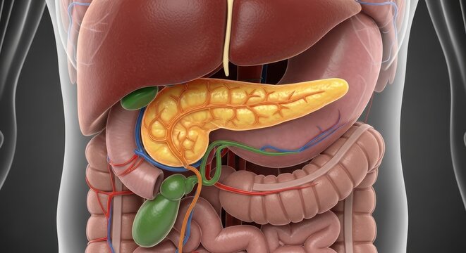 Detailed pancreas anatomy illustration for medical studies and educational purposes, showing vital organs