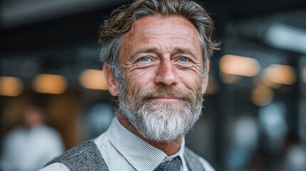 Smiling older manager portrait showing success in financial sector, bank leader standing in office hallway smiling happily