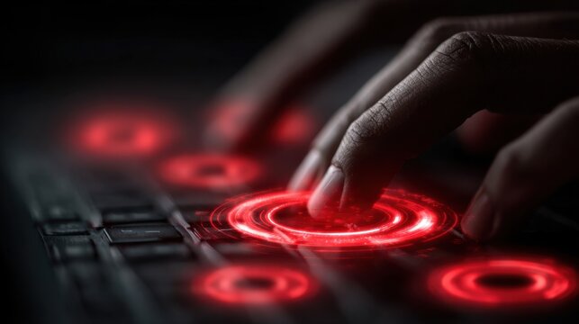 Cybersecurity threat protection concept showing virus icons on a laptop keyboard, system warnings, data breaches and digital threats