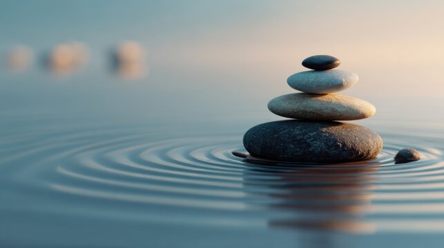 Five smooth stones are carefully stacked on top of each other creating a balanced tower. The scene is reflected on still water with gentle ripples emphasizing tranquility.
