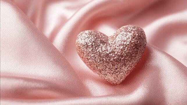 A heart made of glitter sits on a pink fabric. The heart is surrounded by a pink background, which gives the image a romantic and sentimental feel. The glitter on the heart adds a touch of sparkle