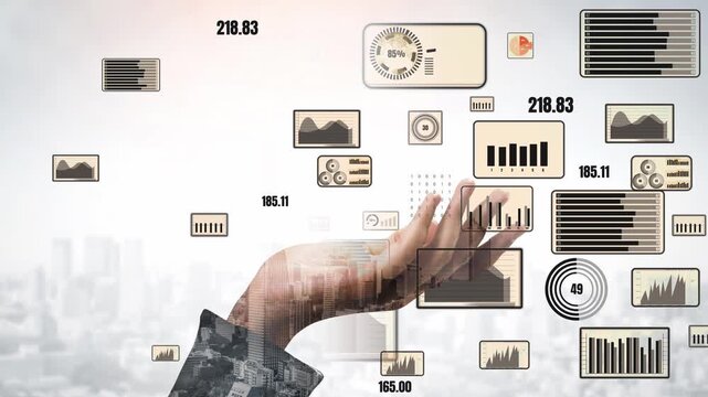 A dynamic visualization of business data with an outstretched hand amidst a modern city. This image represents analytics, innovation, and urban development in finance. Xenic