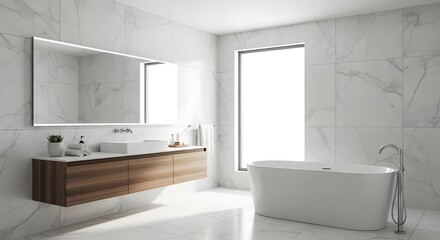 Luxury marble bathroom design for elegant homes and modern hotels, offering a tranquil spa-like experience with its clean lines and bright open space