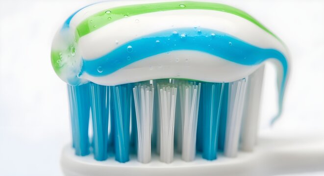 Fresh toothpaste on a toothbrush for a bright, clean smile and healthy gums, promoting dental hygiene and a confident, fresh feeling every morning - Powered by Adobe