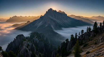 Stunning mountain sunrise with fog rolling through valleys, evoking adventure, peace, and the beauty of nature for travel, landscape, or spiritual themes