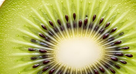 Vibrant kiwi fruit slice showing juicy green flesh and seeds, a healthy eating concept, promoting wellness and fresh organic produce, stunning macro view
