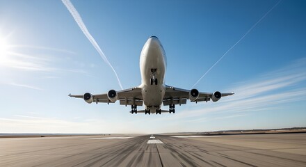 Dramatic airplane takeoff on a bright, clear day inspires travel and adventure, highlighting modern aviation and transportation technology