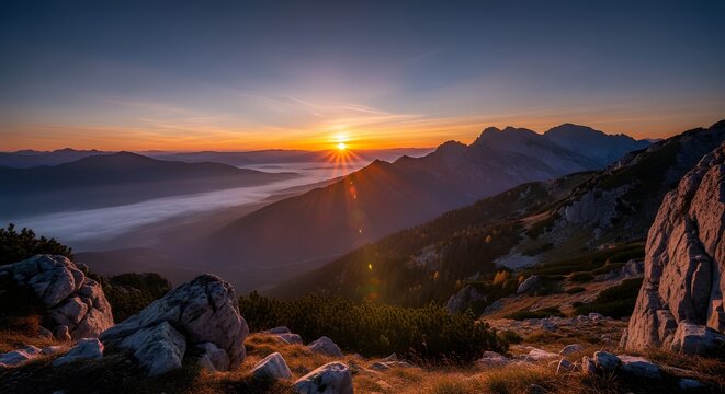 Stunning mountain sunrise with vibrant colors and ethereal mist, perfect for adventure travel campaigns and inspiring nature documentaries