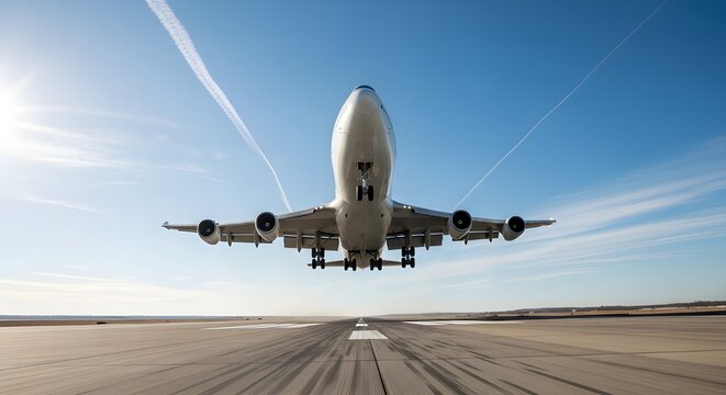 Dramatic airplane takeoff on a bright, clear day inspires travel and adventure, highlighting modern aviation and transportation technology