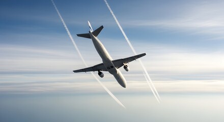 Soaring high above the clouds a modern airplane leaves contrails in its wake, inspiring travel dreams and aviation adventures, ready for your creative project