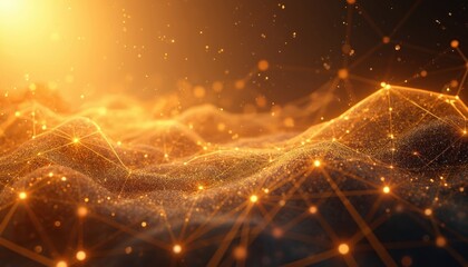 Abstract golden background featuring connected dots, lines. Digital illustration shows network structure with glowing particles. Futuristic tech design with data visualization elements. Modern design