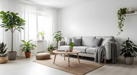 Elegant modern living room with natural light and lush houseplants creates a calming and inviting space for relaxation and mindful living today