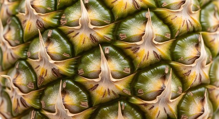 Close-up of a vibrant pineapple skin showcasing its unique texture, perfect for tropical themes, fresh produce promotions, and healthy lifestyle designs.