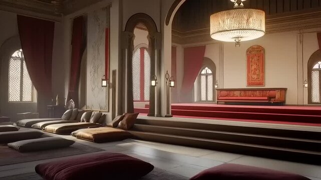 Majestic Moroccan Interior: Grand Hall with Arches and Pillows for Tranquil Relaxation