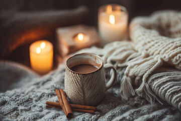 Cozy winter scene with a warm cup of coffee, cinnamon, soft knitted blankets, and glowing candles creating a serene and comforting atmosphere