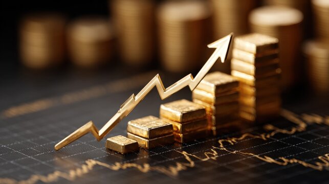 Golden arrow points up next to stacks of bullion representing growing financial success on stock market with black background