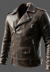Detailed close up of a classic distressed brown leather biker jacket with zippers and buckles on a neutral background
